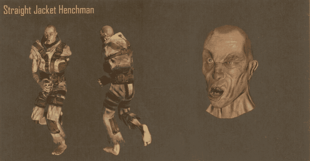 Egy Batman Arkham Asylumból kimaradt ellenfél típus, a Straight Jacket Henchman. Az őrültekhez hasonlóan működtek volna ezek, csak lett volna valamilyen ütőfegyverük. - Forrás: Rocksteady