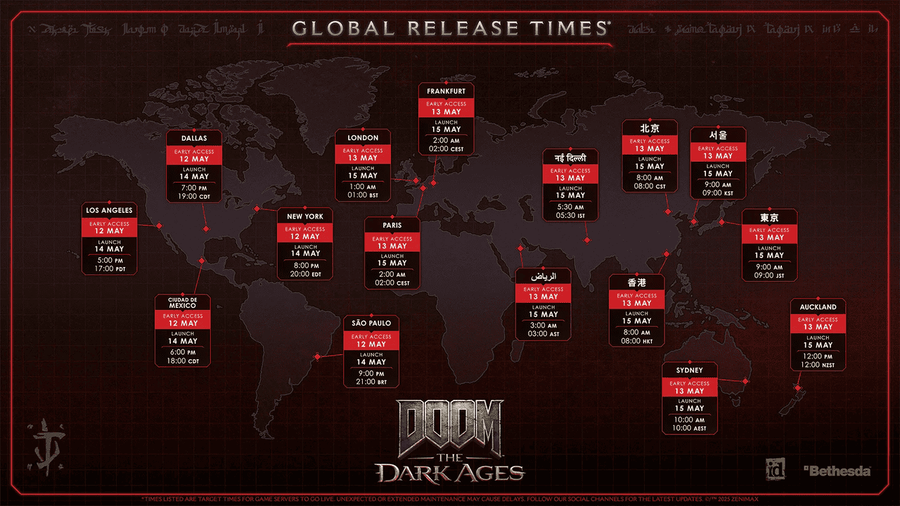 Doom: The Dark Ages megjelenési időpontok eltérő időzónákban - Forrás: id Software