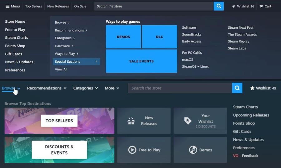 A Steam új dizájnja (felül a májusi, alul az új terv) – források: xPaw és LambdaGeneration