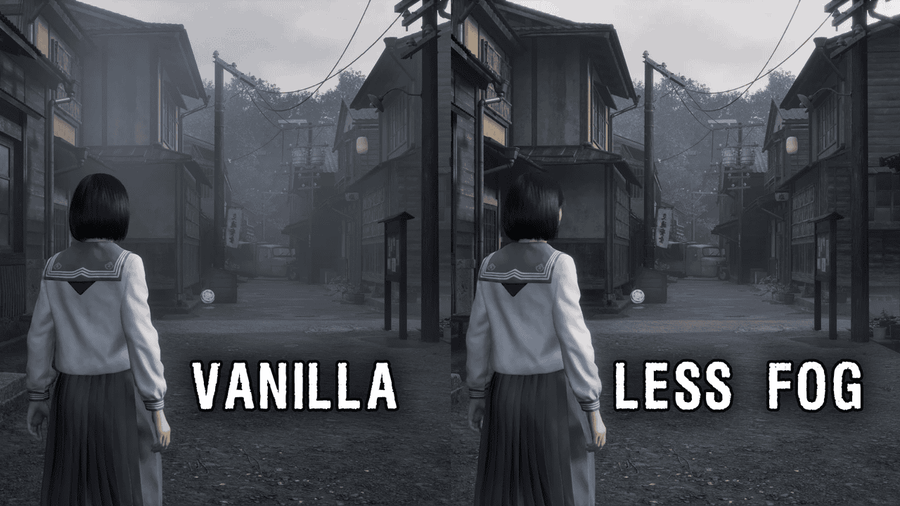 A Silent Hill f eredetileg (balra) és kevesebb köddel (jobbra) - forrás: Konami, Nexus Mods / Fellow_Demo