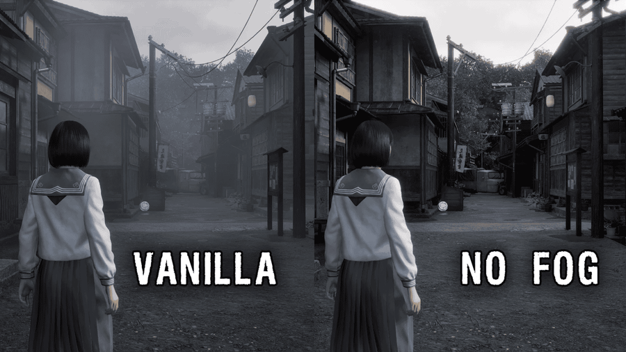 A Silent Hill f eredetileg (balra) és köd nélkül (jobbra) - forrás: Konami, Nexus Mods / Fellow_Demo