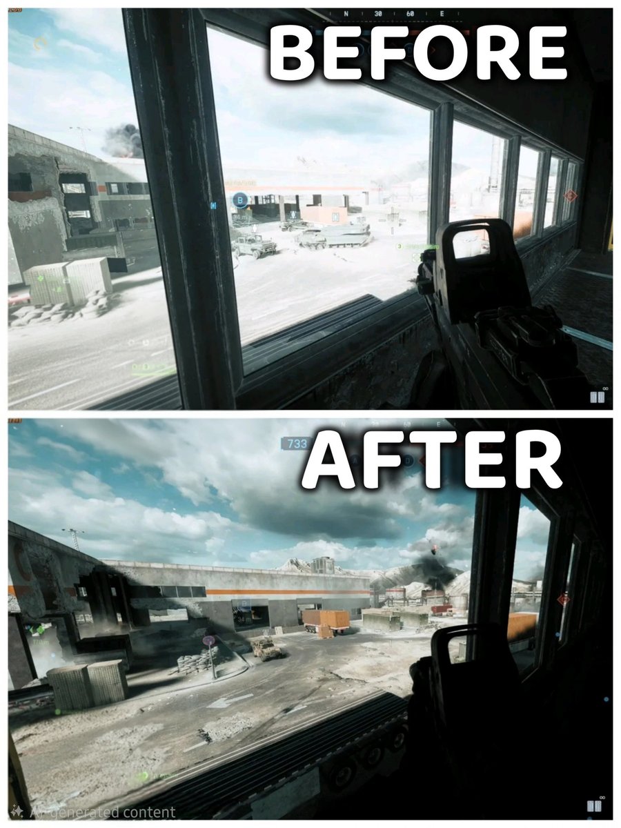 A napsütés hatása épületből kifelé nézve a Battlefield 6-ban, előtte és utána - Forrás: @Battlefield Intel