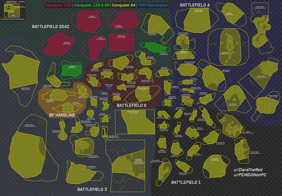 A Battlefield franchise térkép méreteinek összehasonlítása - Forrás: Reddit / ClaratheRed