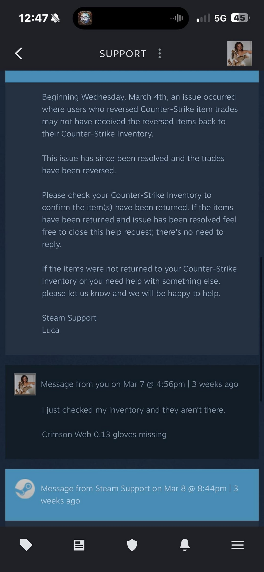 A u/coopstazZ &eacute;s a Steam Support k&ouml;zti besz&eacute;lget&eacute;s egy r&eacute;szlete - forr&aacute;s: Reddit / u/coopstazZ