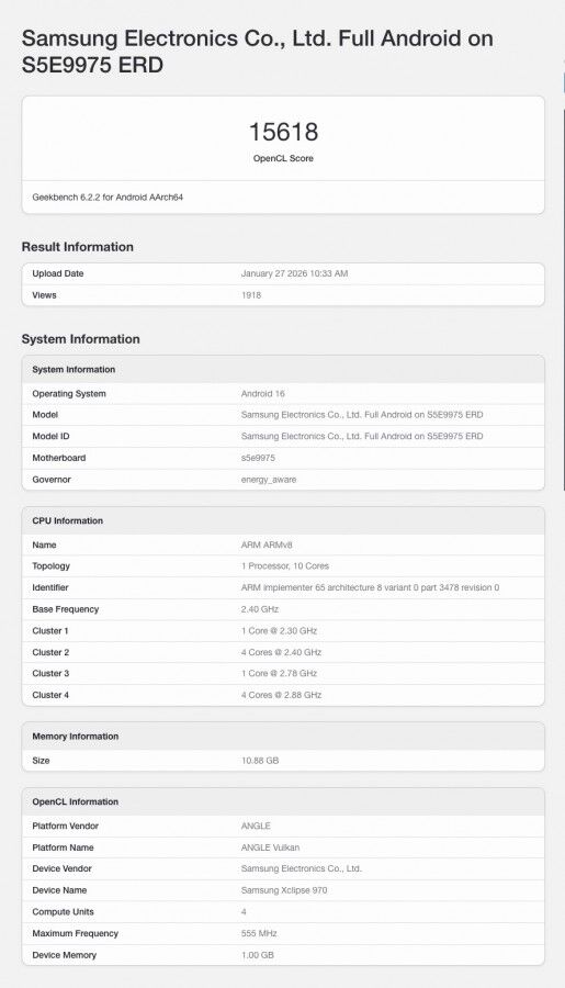 A Samsung Exynos 2700 a Geekbench adatb&aacute;zis&aacute;ban - forr&aacute;s: Geekbench
