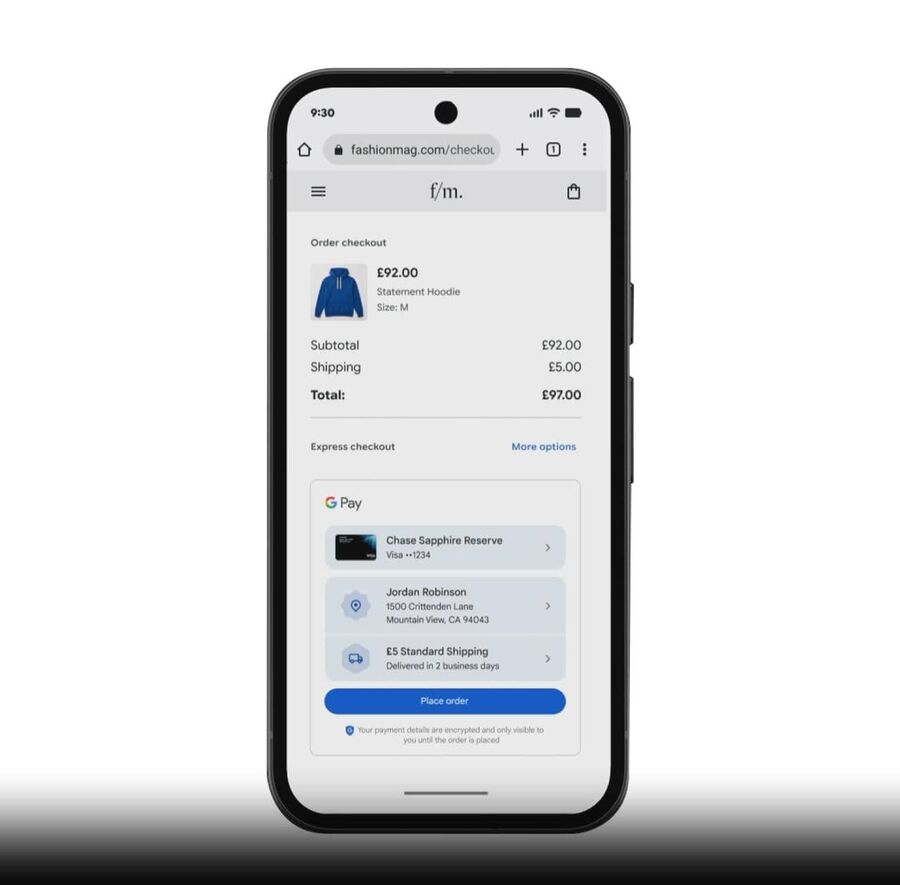 Az egyszerűs&iacute;tett fizet&eacute;si fel&uuml;let egy Google Payt t&aacute;mogat&oacute; online &aacute;ruh&aacute;zban - forr&aacute;s: Google