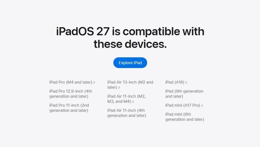 Az iPadOS 27 kompatibilit&aacute;si list&aacute;ja - forr&aacute;s: Apple