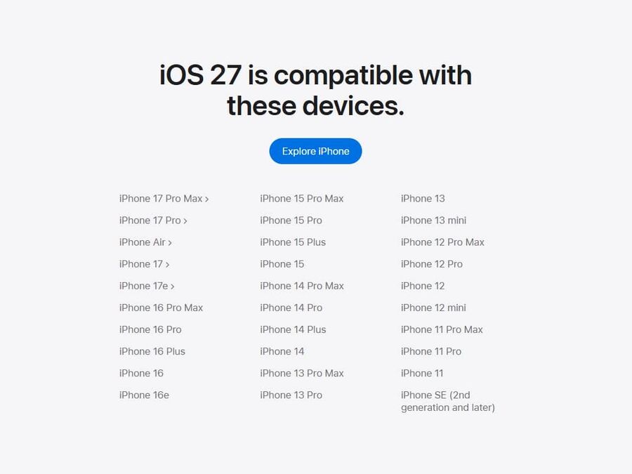 Az iOS 27 kompatibilit&aacute;si list&aacute;ja - forr&aacute;s: Apple