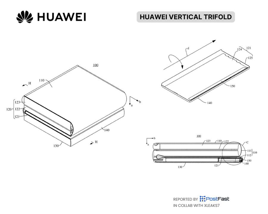 &Aacute;br&aacute;k a Huawei vertik&aacute;lis tri-fold telefonj&aacute;nak szabadalm&aacute;b&oacute;l - forr&aacute;s: PostFast, Xleaks7